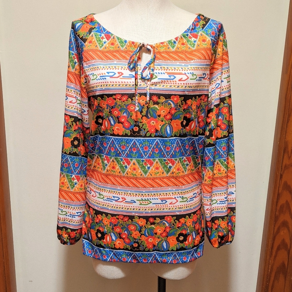 Vintage Psychedelic Floral Long Sleeved Peasant Top - 60's 70's